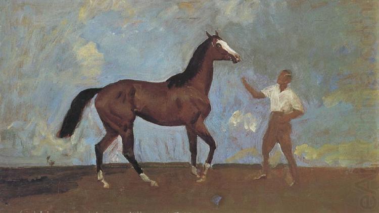 Sir Alfred Munnings,P.R.A The Racehorse 'Amberguity'  Held by Tom Slocombe china oil painting image